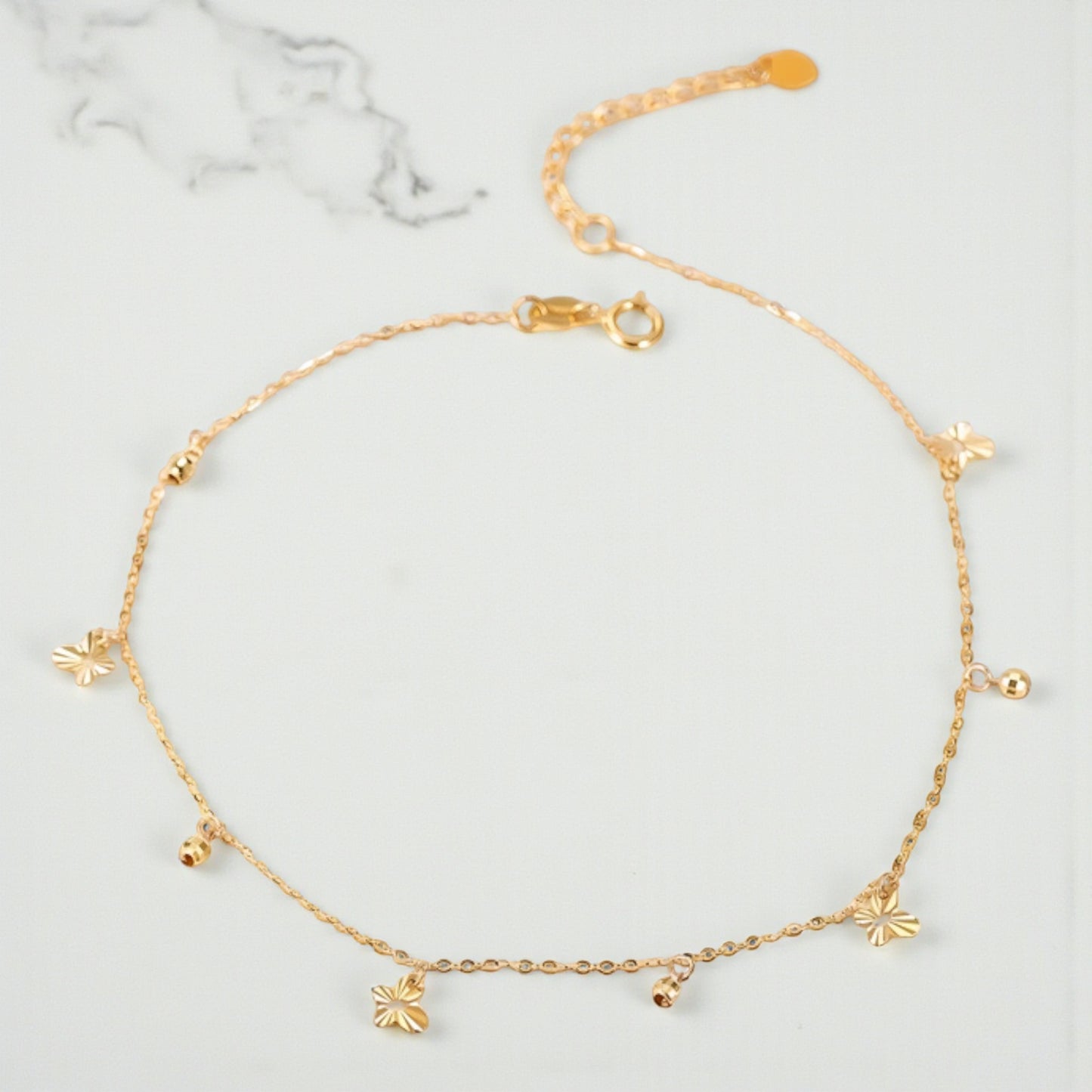 18K Yellow Gold Rose Gold Minimal Butterfly Charm Beads Anklet