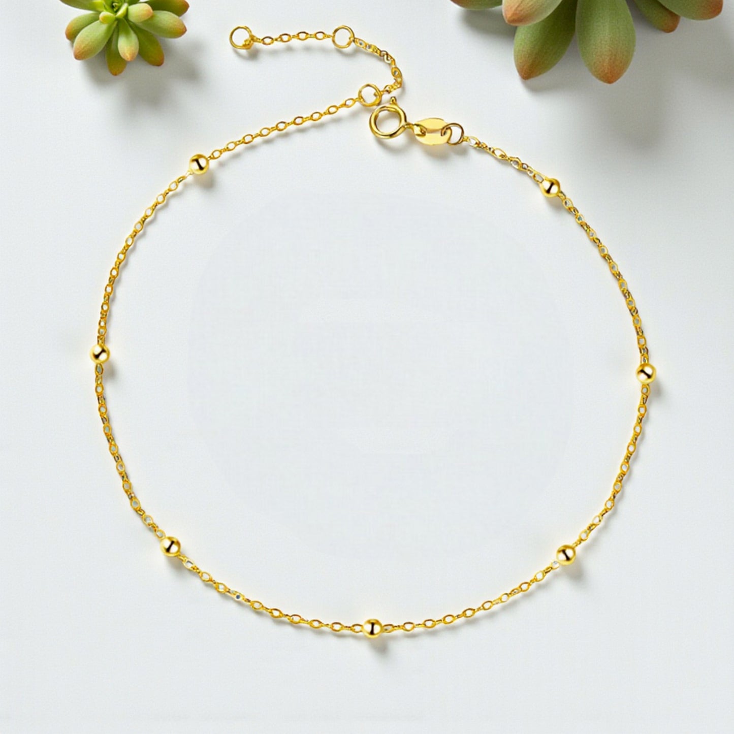 18K Yellow Gold Rose Gold Minimal beads Charm Anklet