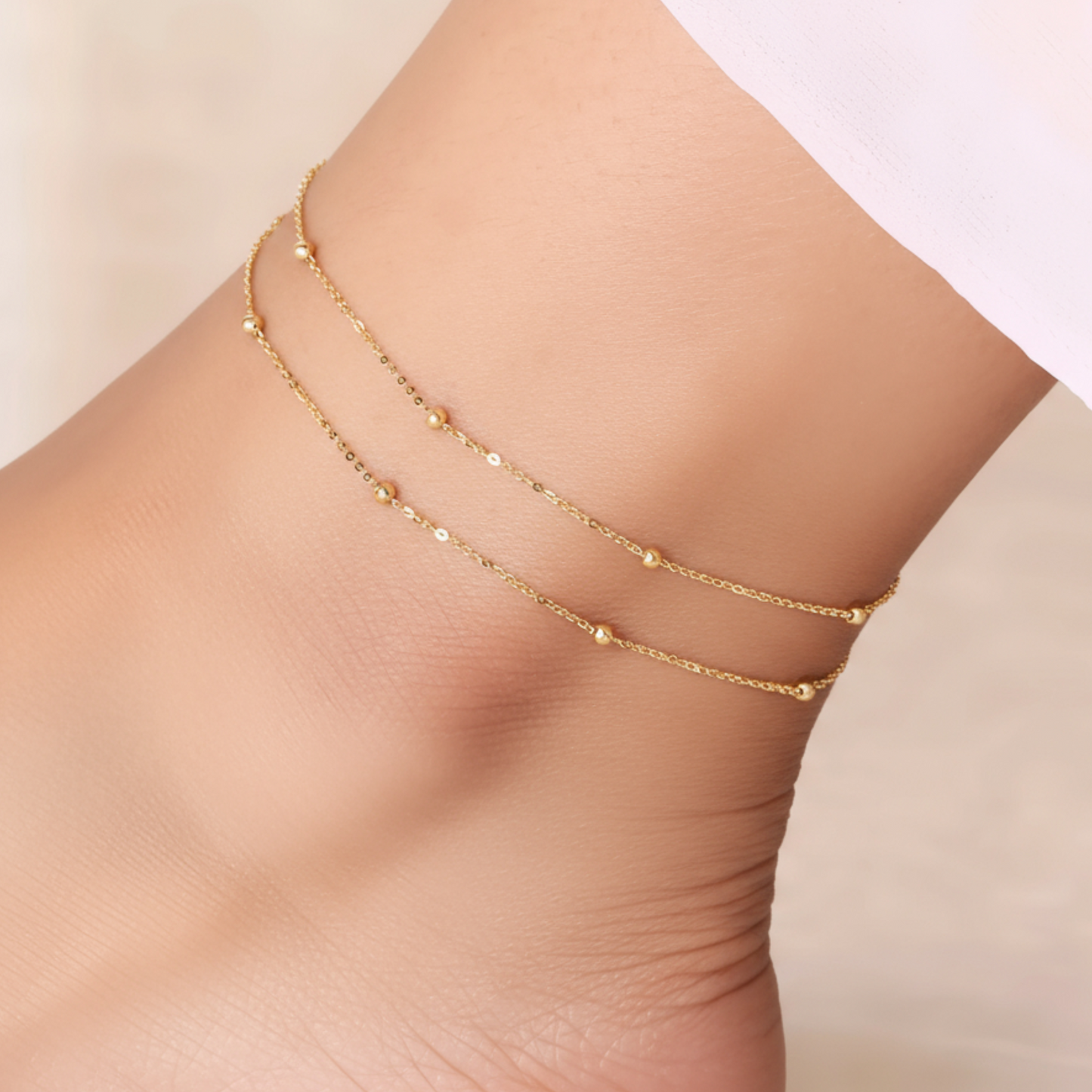 18K Yellow Gold Rose Gold Minimal beads Charm Anklet