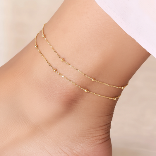 18K Yellow Gold Rose Gold Minimal beads Charm Anklet