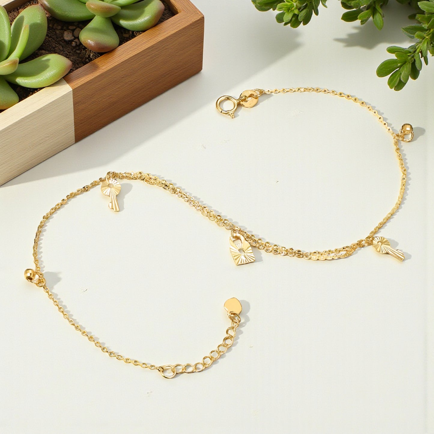 18K Yellow Gold Minimal Key and Lock Charm Beads Anklet