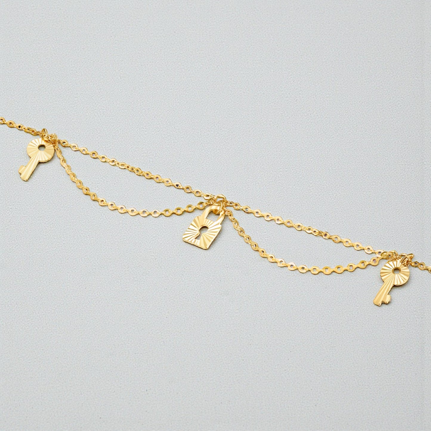 18K Yellow Gold Minimal Key and Lock Charm Beads Anklet