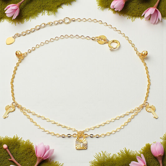 18K Yellow Gold Minimal Key and Lock Charm Beads Anklet
