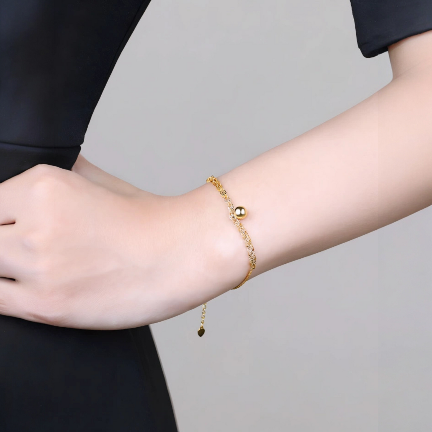 18K Yellow Gold Chain Phoenix Tail Bell Bead Charm Bracelet