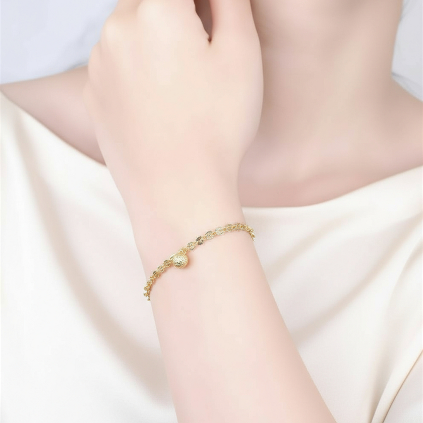 18K Yellow Gold Chain Phoenix Tail Bell Bead Charm Bracelet