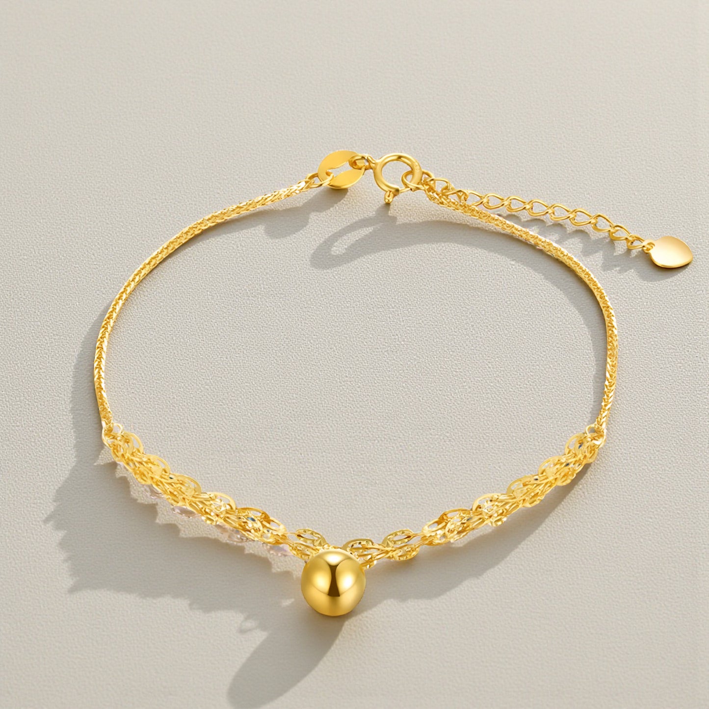 18K Yellow Gold Chain Phoenix Tail Bell Bead Charm Bracelet