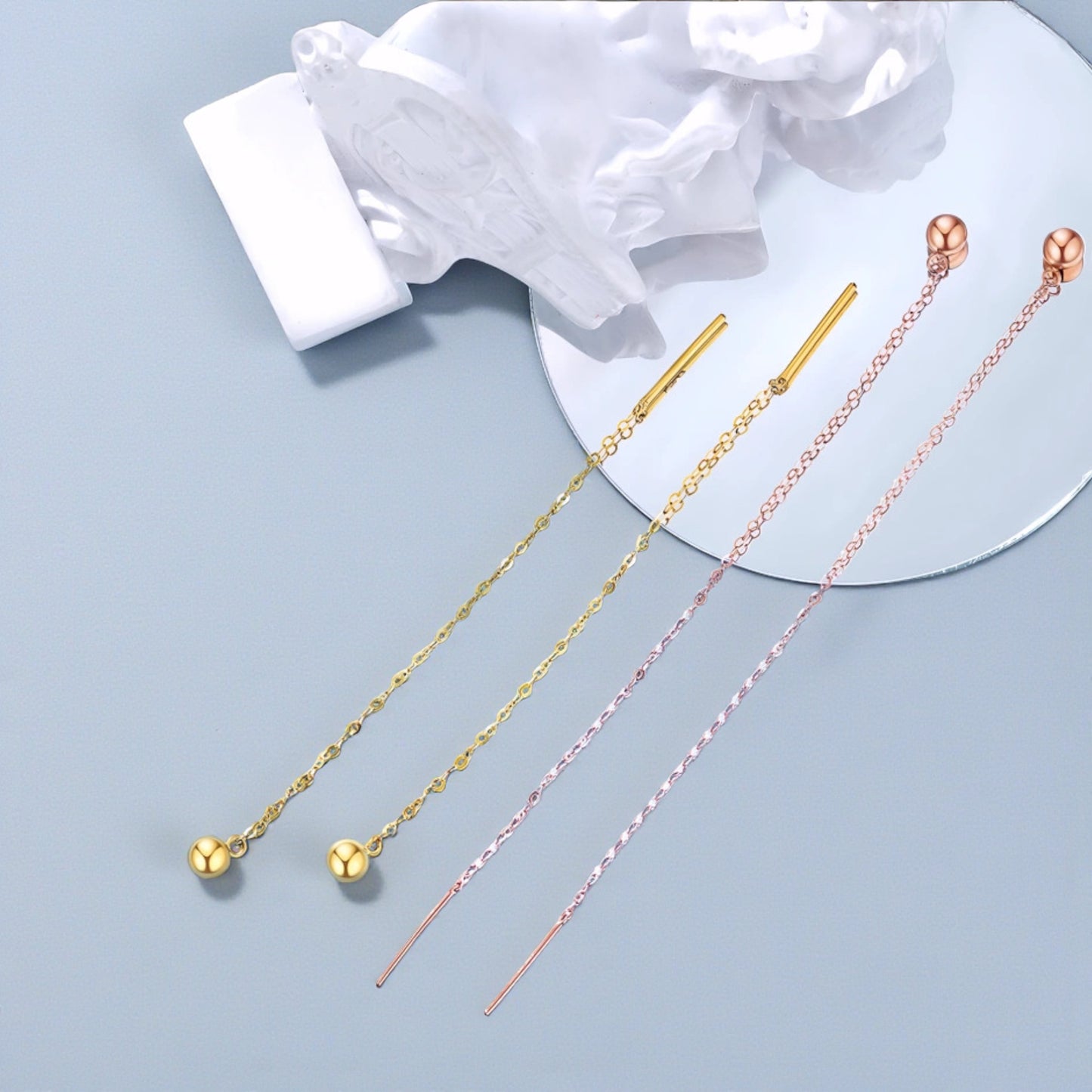 18K Yellow Gold Rose Gold Trendy Chain Bead Threader Earrings