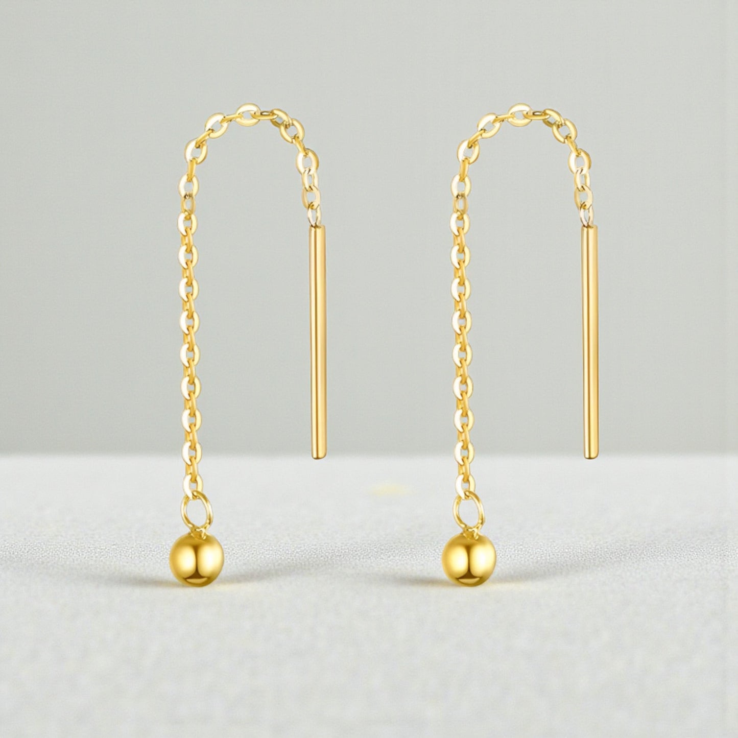 18K Yellow Gold Rose Gold Trendy Chain Bead Threader Earrings