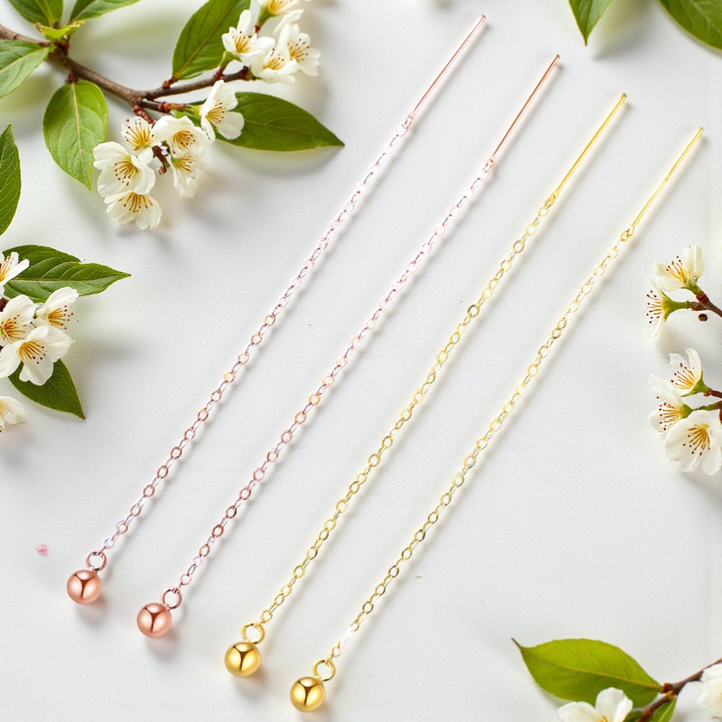 18K Yellow Gold Rose Gold Trendy Chain Bead Threader Earrings