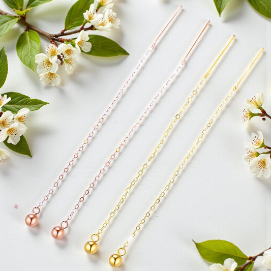 18K Yellow Gold Rose Gold Trendy Chain Bead Threader Earrings