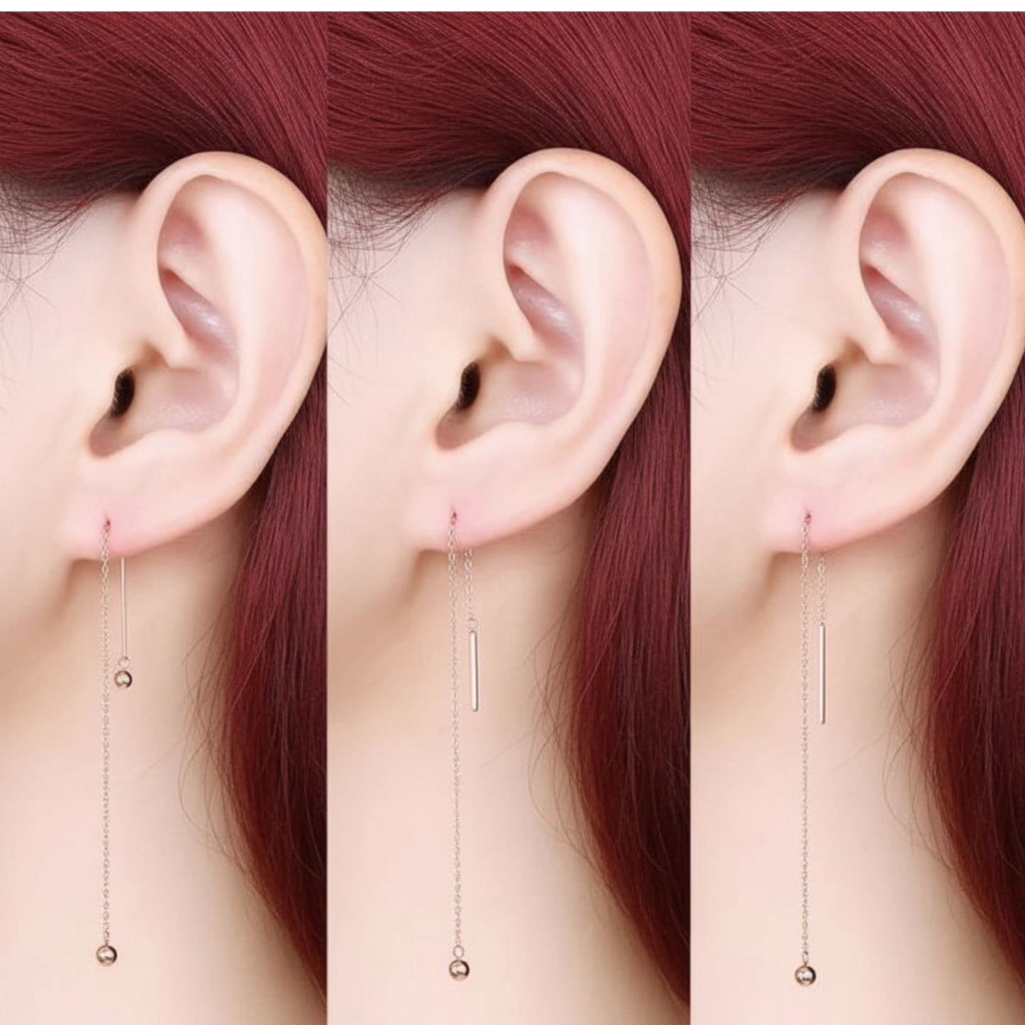 18K Yellow Gold Rose Gold Trendy Chain Bead Threader Earrings