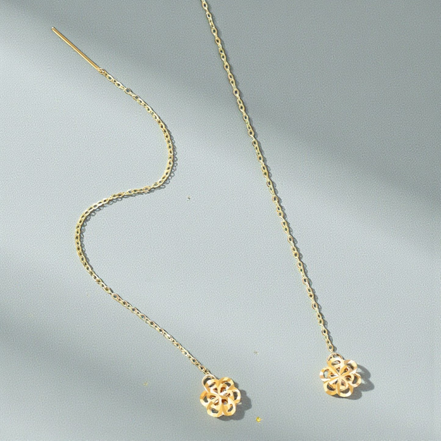 18K Gold Trendy Threader Chain Hollow Flower Charm Earrings