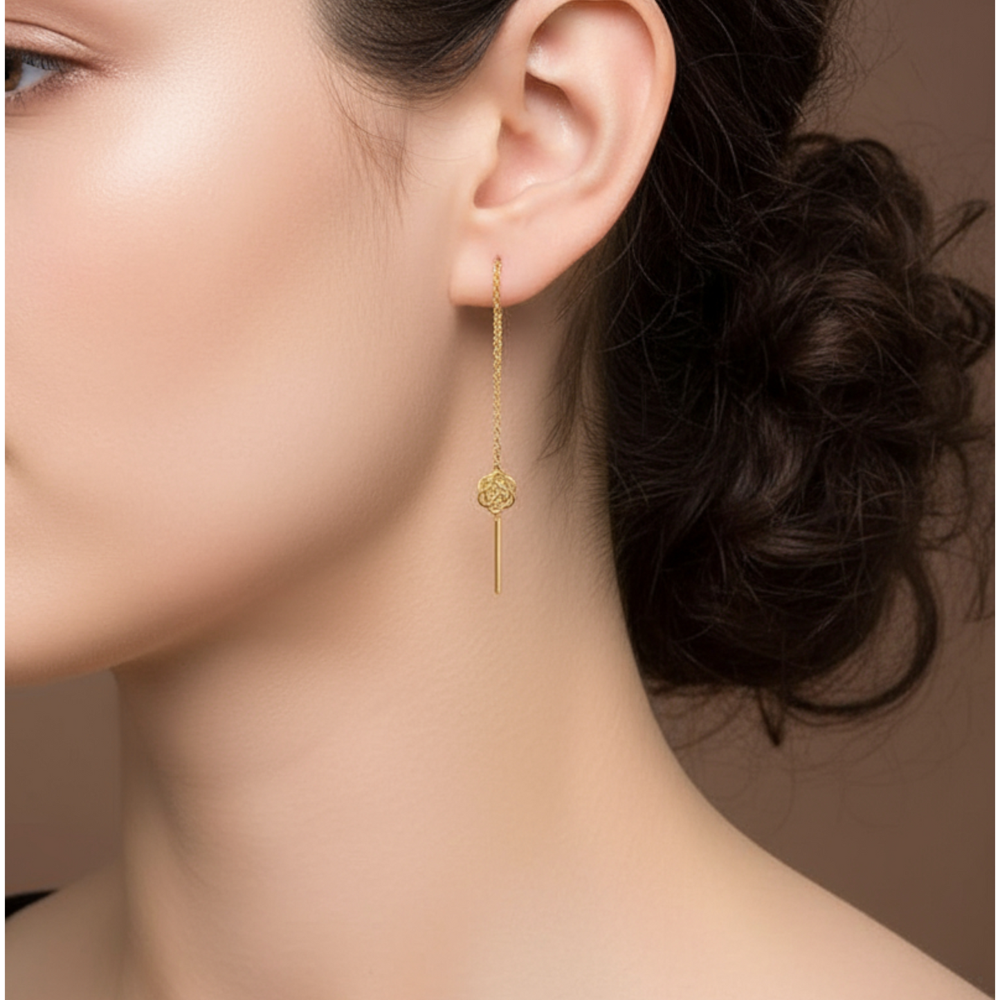 18K Gold Trendy Threader Chain Hollow Flower Charm Earrings