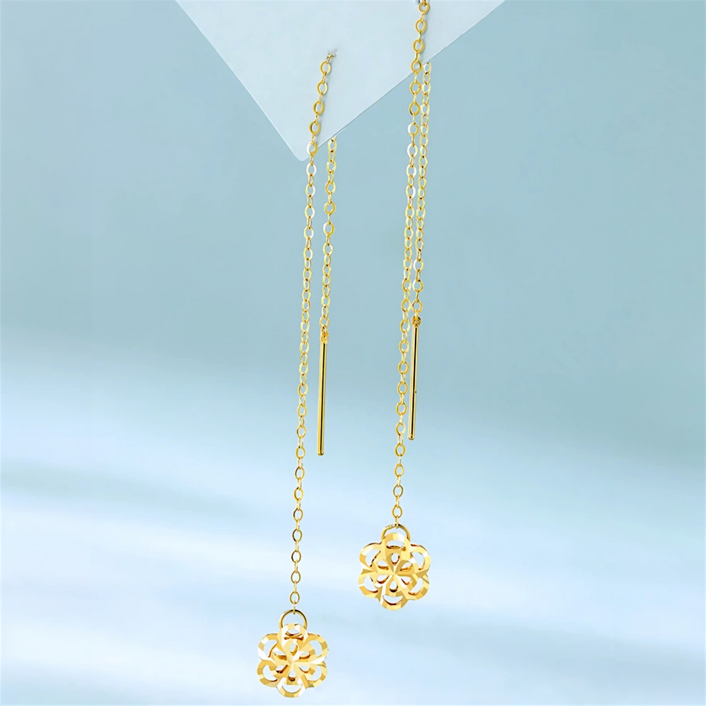 18K Gold Trendy Threader Chain Hollow Flower Charm Earrings