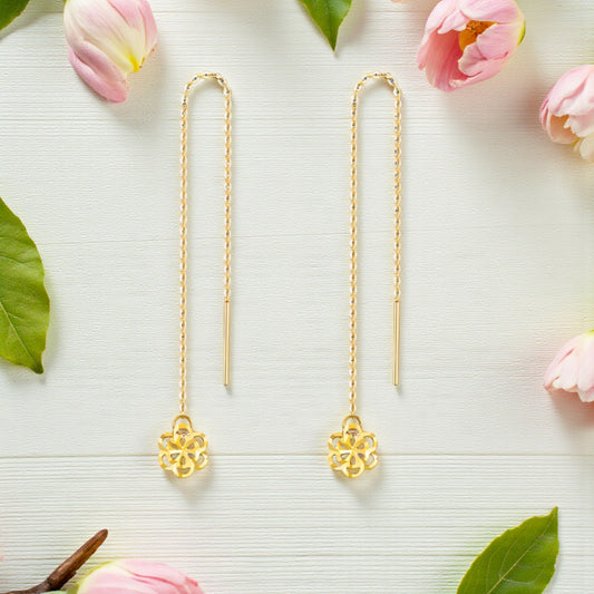 18K Gold Trendy Threader Chain Hollow Flower Charm Earrings