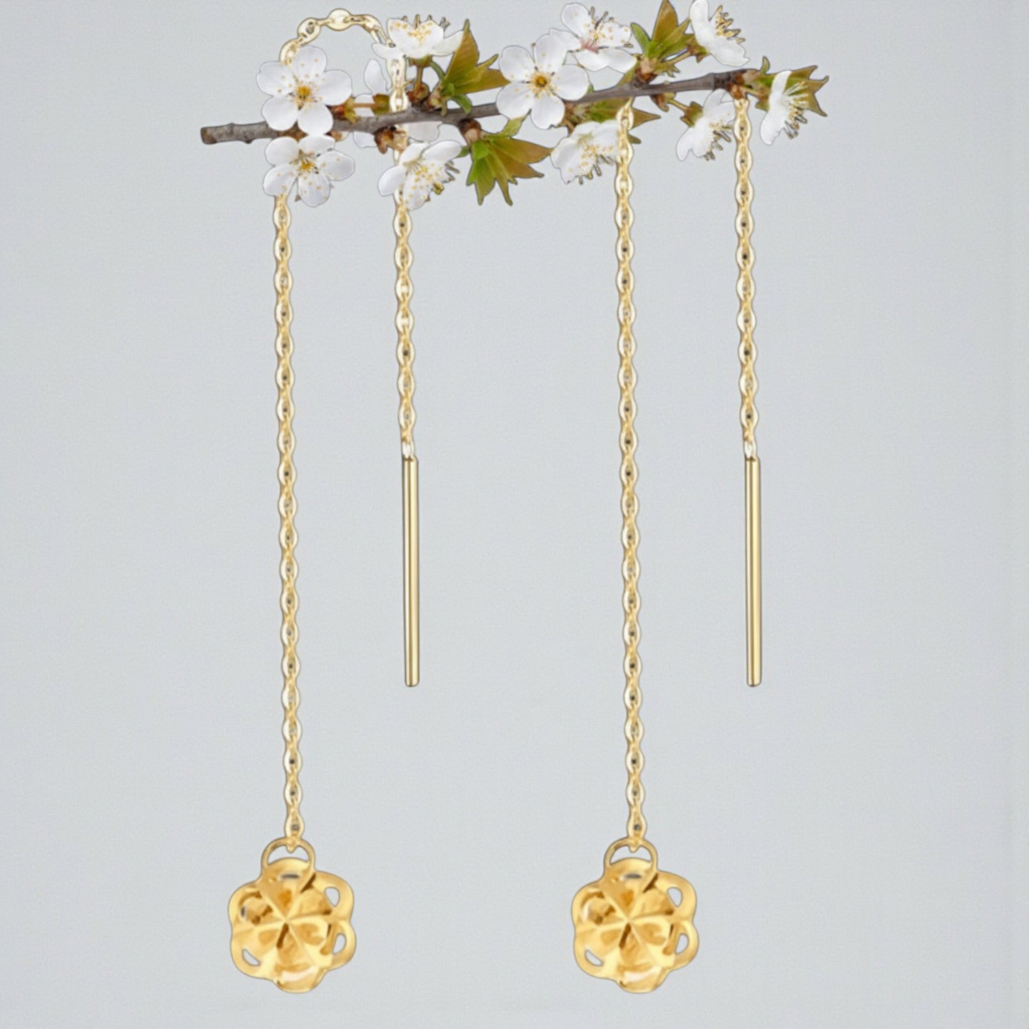 18K Gold Trendy Threader Chain Hollow Flower Charm Earrings