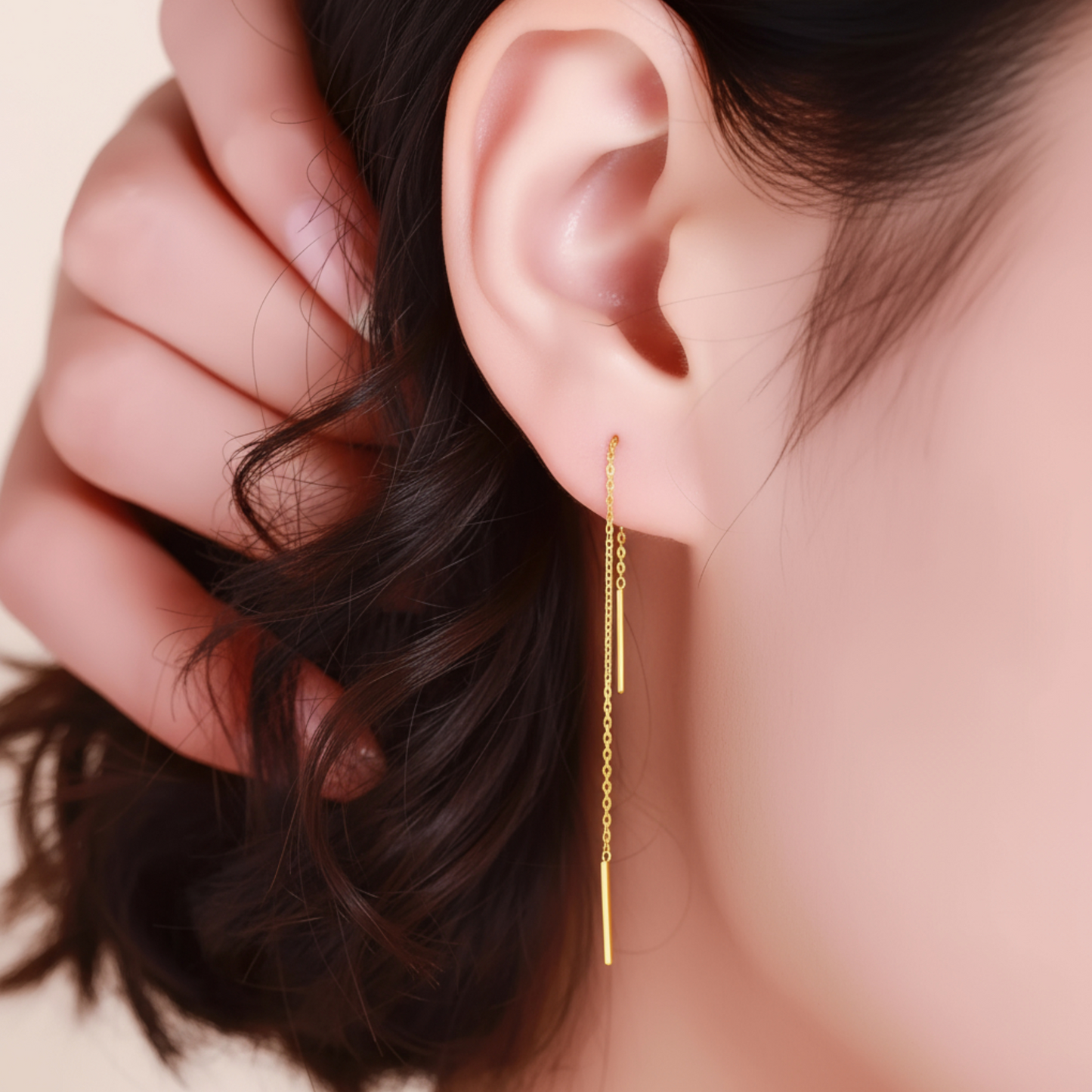 18K Rose Gold Yellow Gold Trendy Chain Minimal Simple Threader Earrings