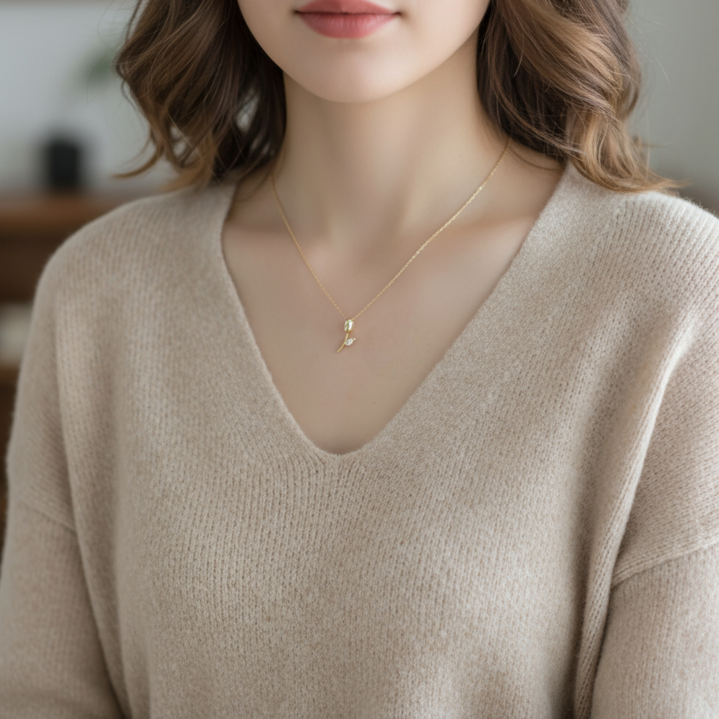 14K Gold Minimal Dainty Zircon Tulip Flower Pendant