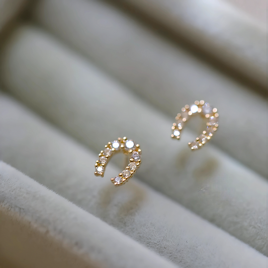 9k Gold Simple Minimal Dainty Lucky Sparkling Horseshoe Stud Earrings