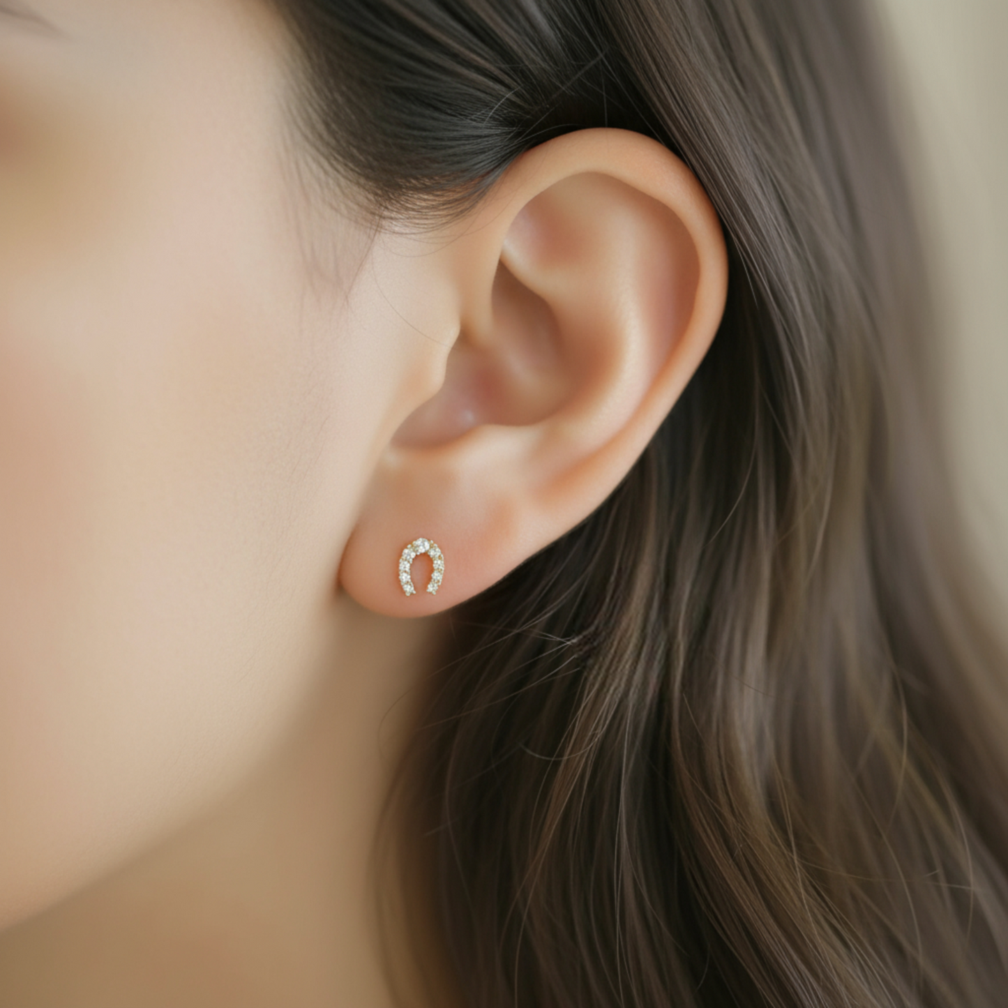 9k Gold Simple Minimal Dainty Lucky Sparkling Horseshoe Stud Earrings
