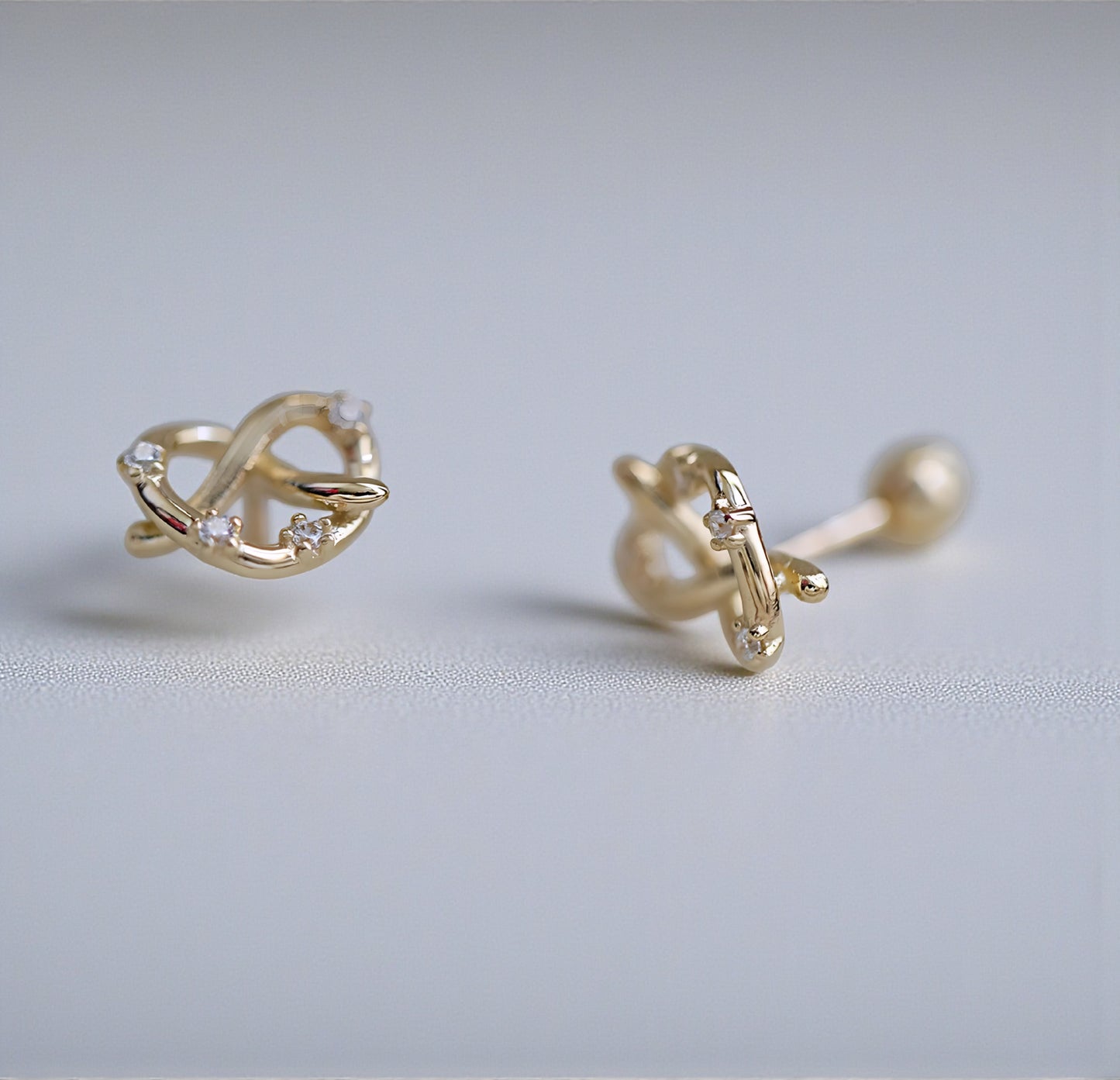 9k Gold Simple Minimal Dainty Lucky Cute Zircon Pretzel Screw Earrings