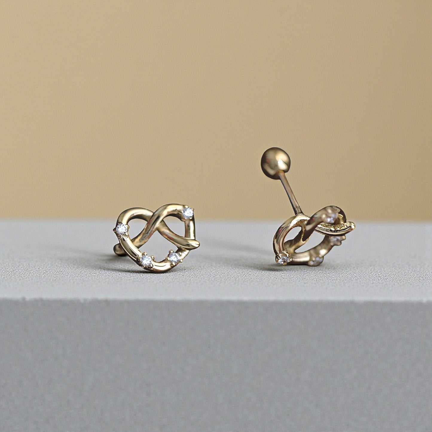 9k Gold Simple Minimal Dainty Lucky Cute Zircon Pretzel Screw Earrings