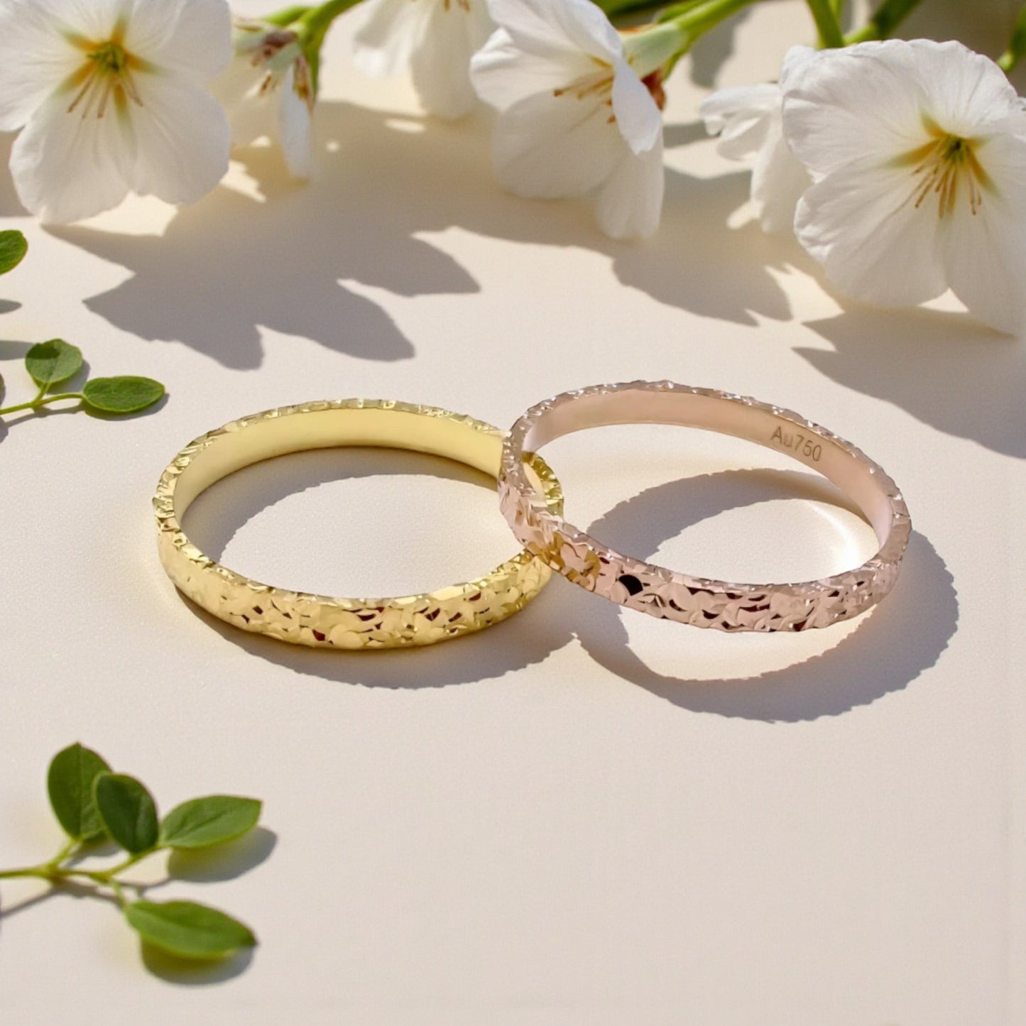 Genuine 18K Yellow Gold Rose Gold Crushed Ice Pattern Surface Band Ring