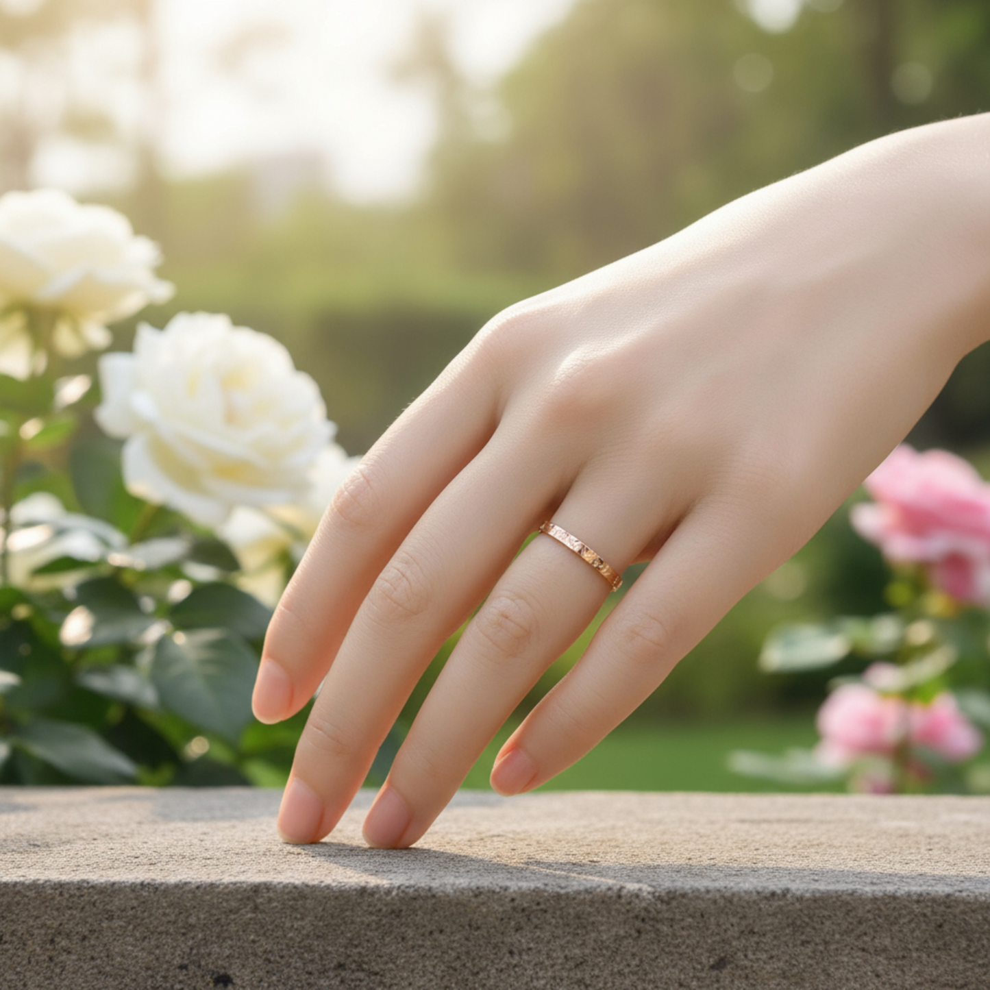 Genuine 18K Yellow Gold Rose Gold Crushed Ice Pattern Surface Band Ring