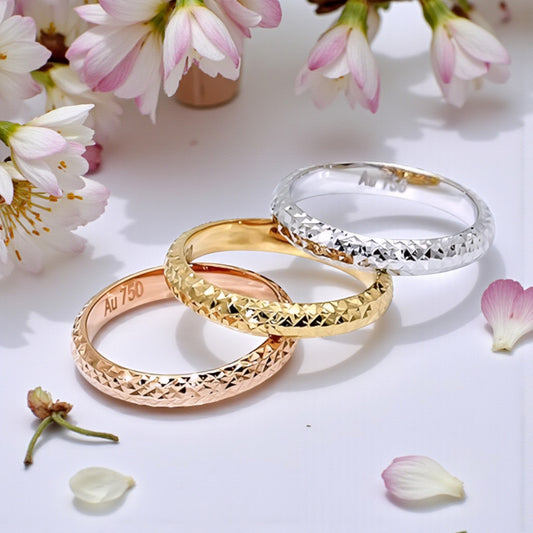 Genuine 18K Yellow Gold Rose Gold Carved Pattern Surface Band Ring