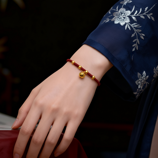 24k Pure 999 Gold Beads Bell Red Rope Braided Bracelet Men and Women Couple Good Luck Bracelet