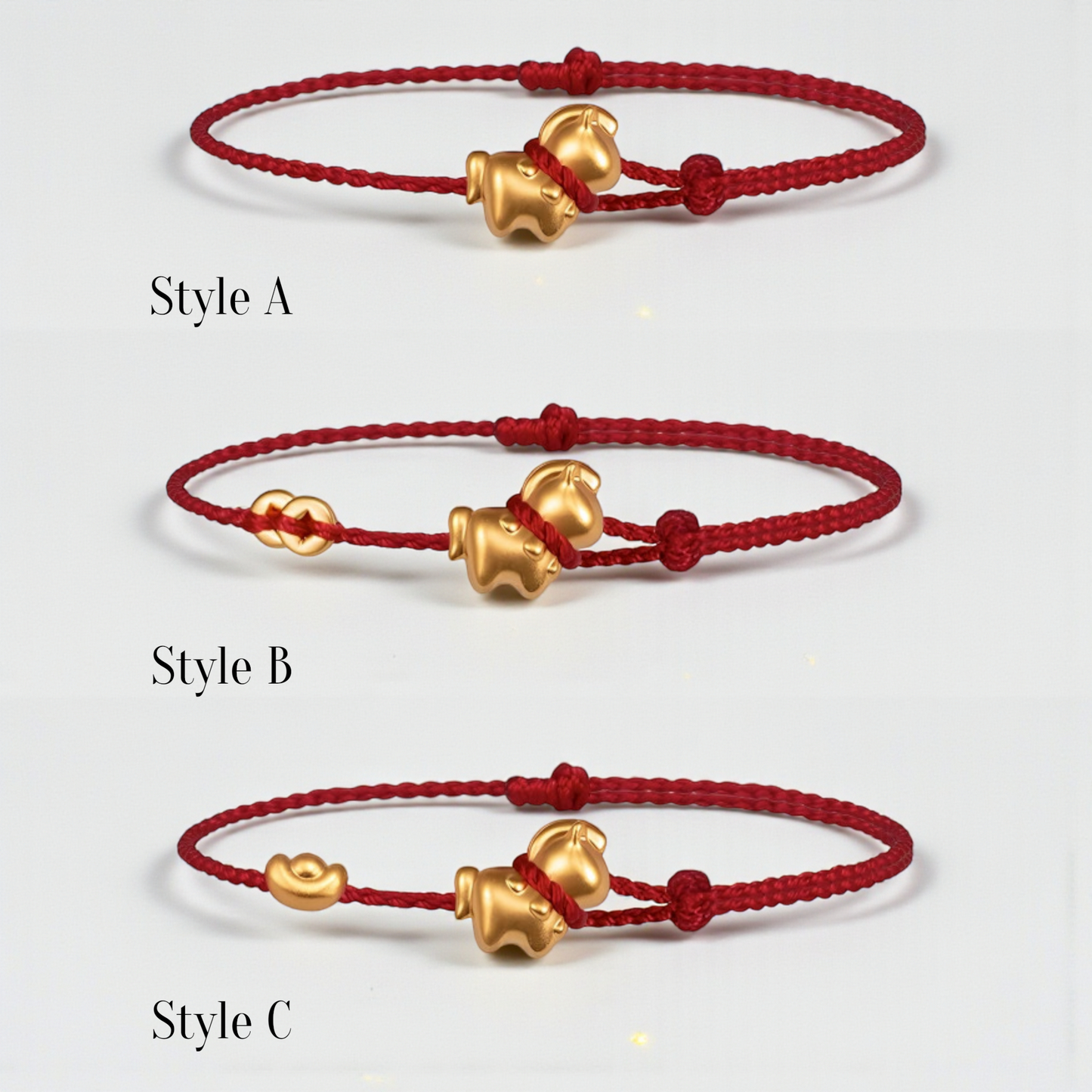 24k Pure 999 Gold Year of Horse Zodic Lucky Charm with Red Rope Bracelet