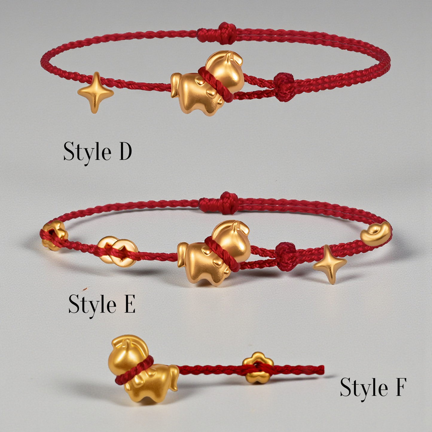 24k Pure 999 Gold Year of Horse Zodic Lucky Charm with Red Rope Bracelet