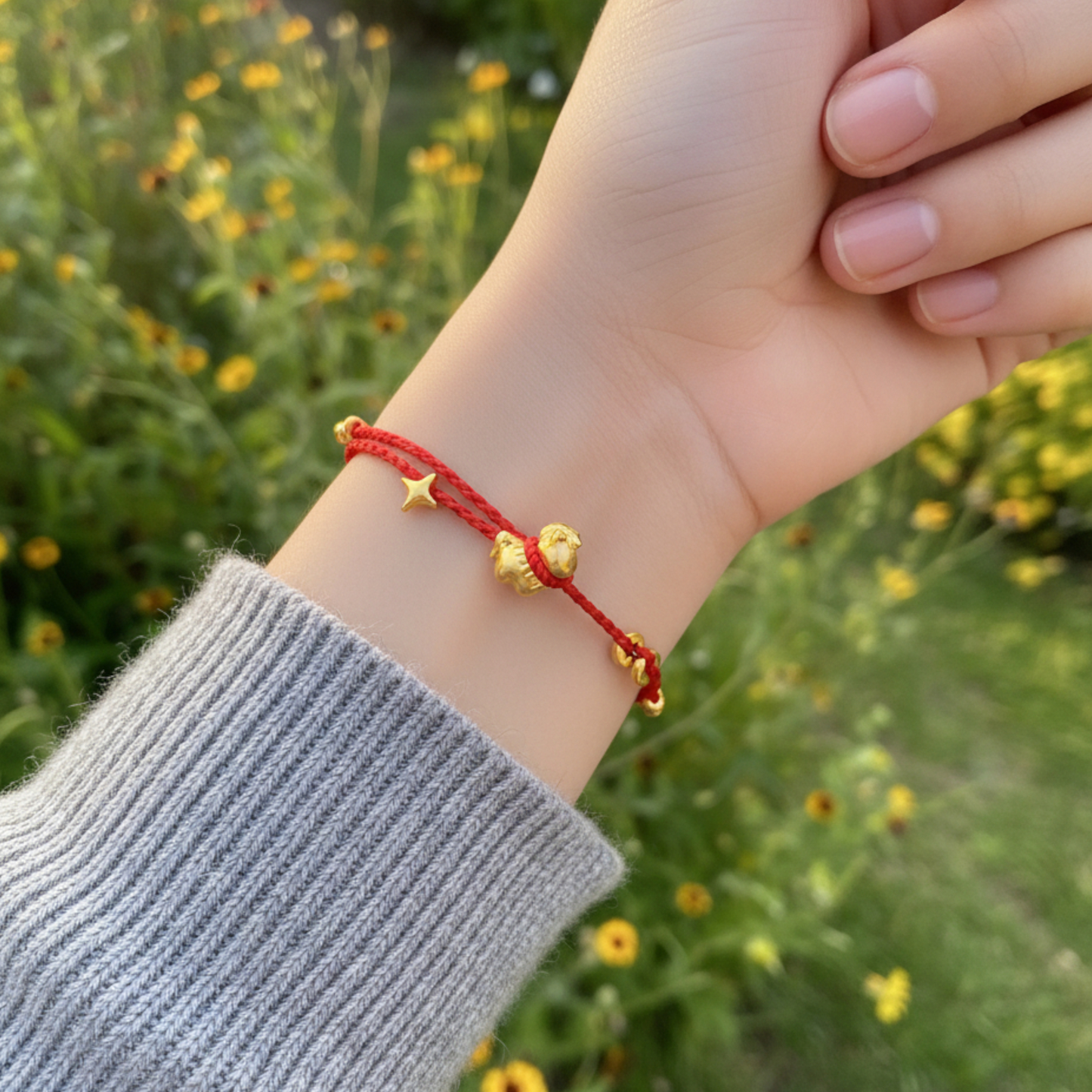 24k Pure 999 Gold Year of Horse Zodic Lucky Charm with Red Rope Bracelet