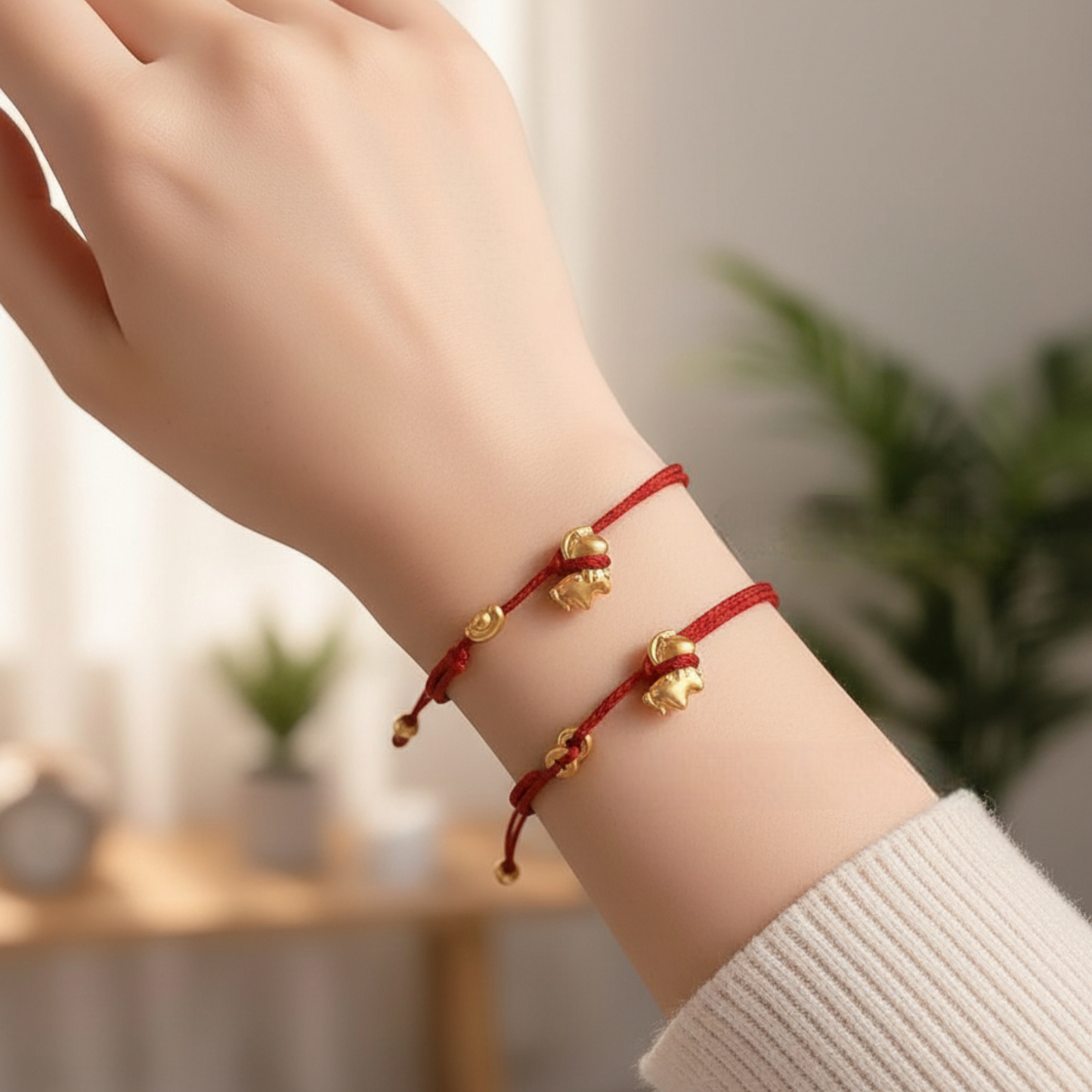 24k Pure 999 Gold Year of Horse Zodic Lucky Charm with Red Rope Bracelet