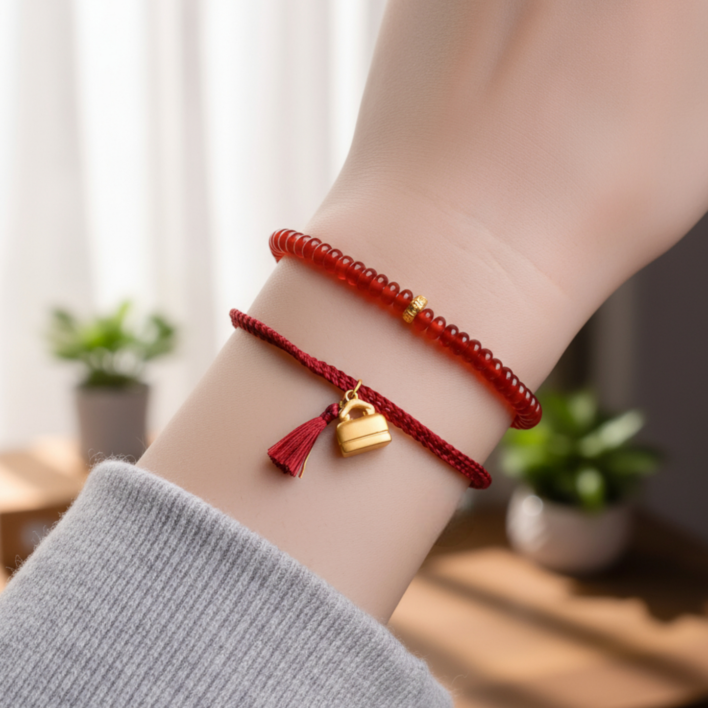 24k Pure 999 Gold Bead Lucky Charm Red Agate Crystal Bracelet