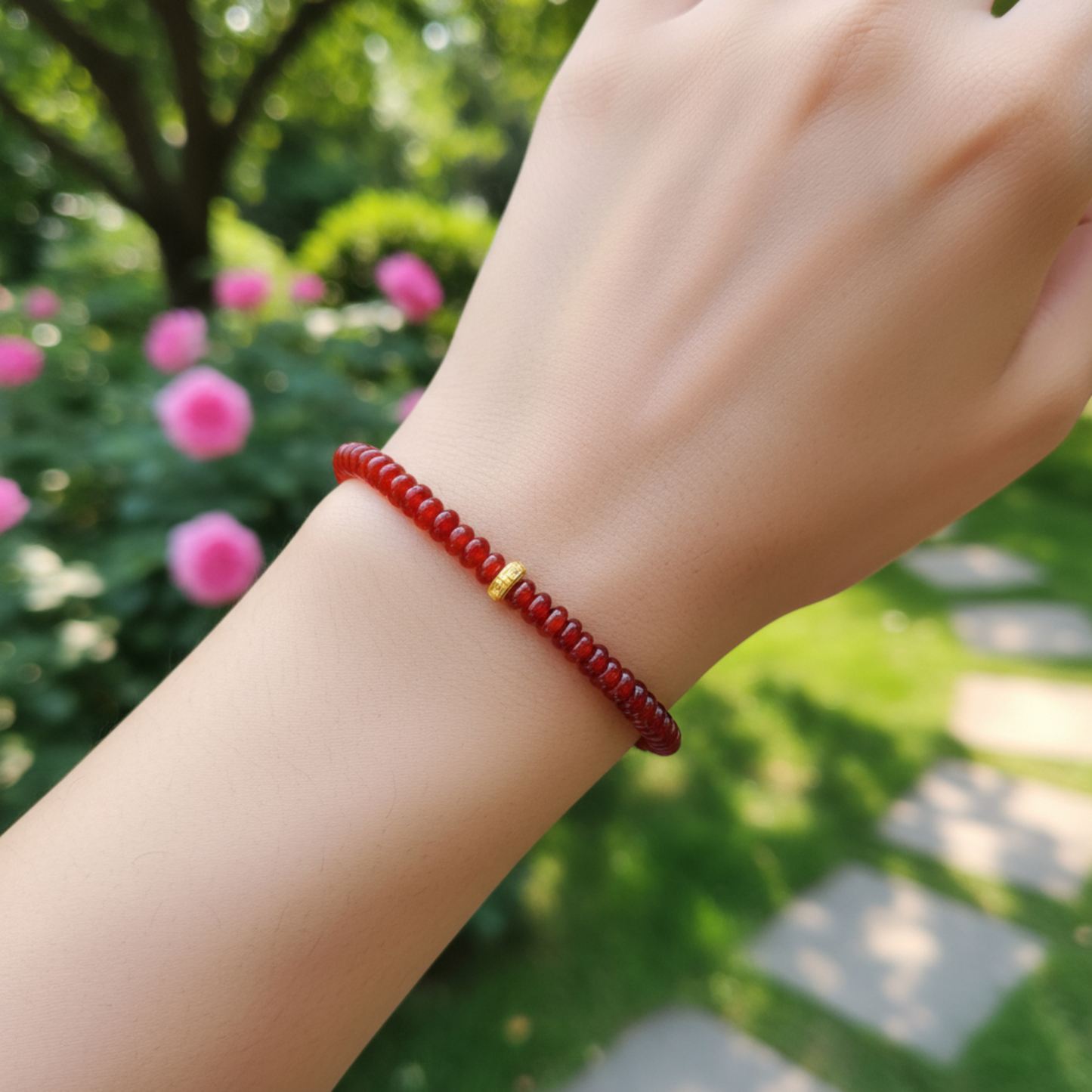 24k Pure 999 Gold Bead Lucky Charm Red Agate Crystal Bracelet