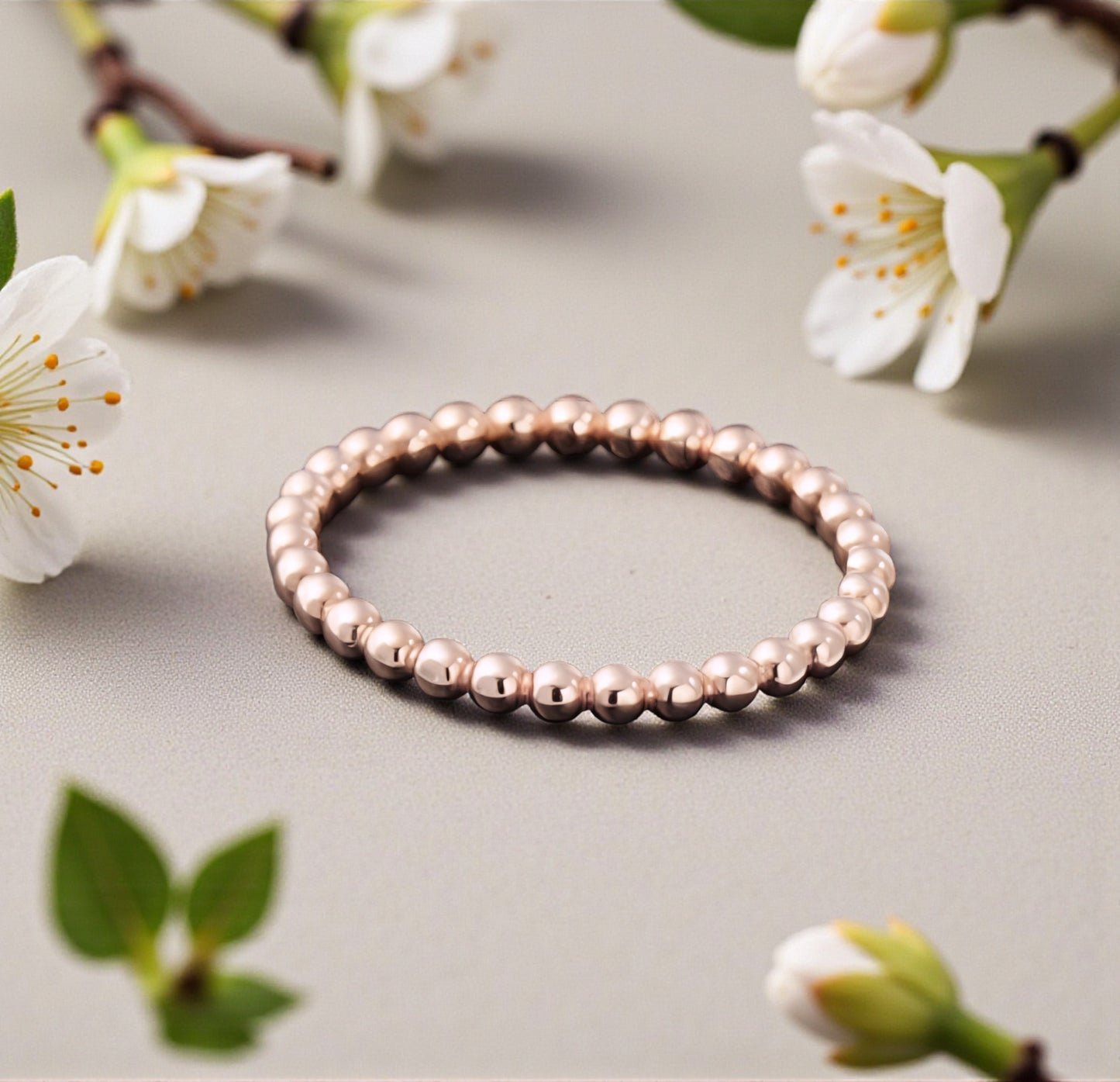 Genuine 18K Yellow Gold Rose Gold Round Beads Minimal Band Ring