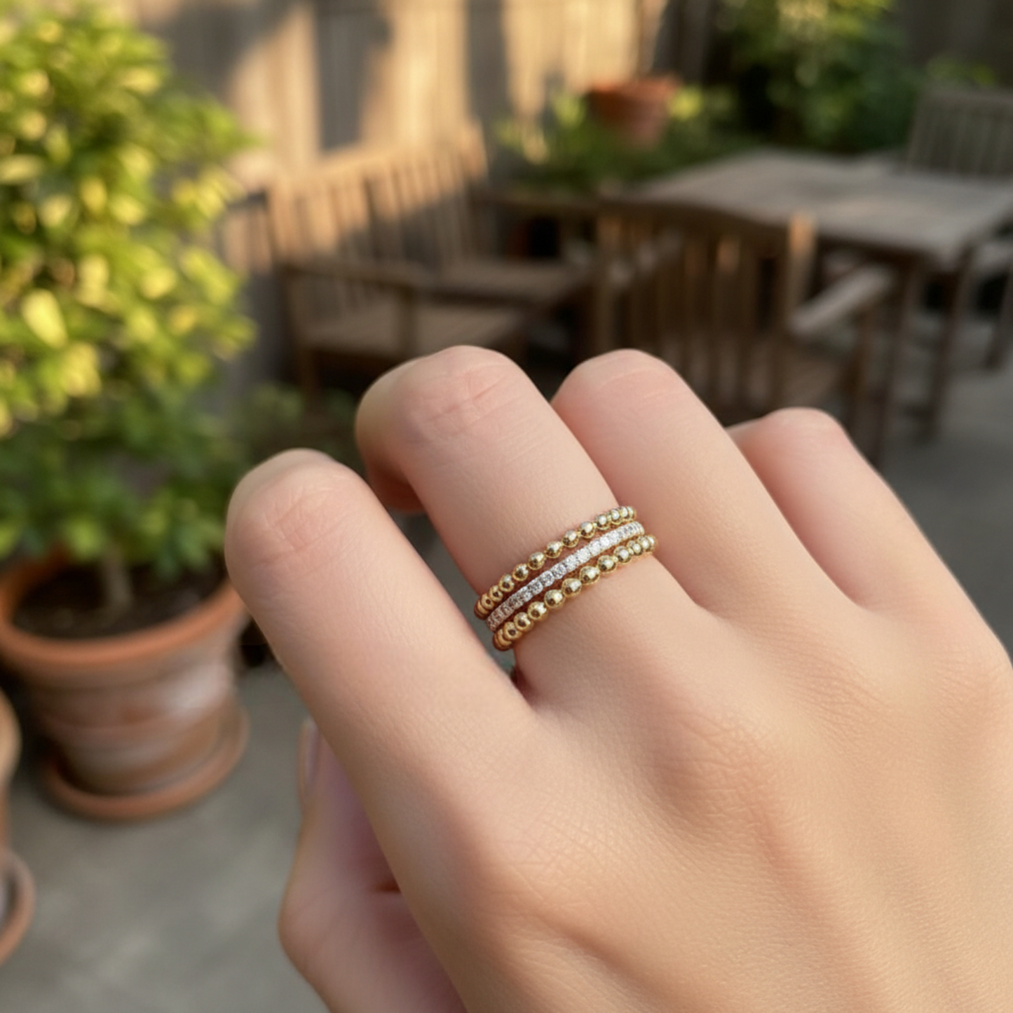 Genuine 18K Yellow Gold Rose Gold Round Beads Minimal Band Ring