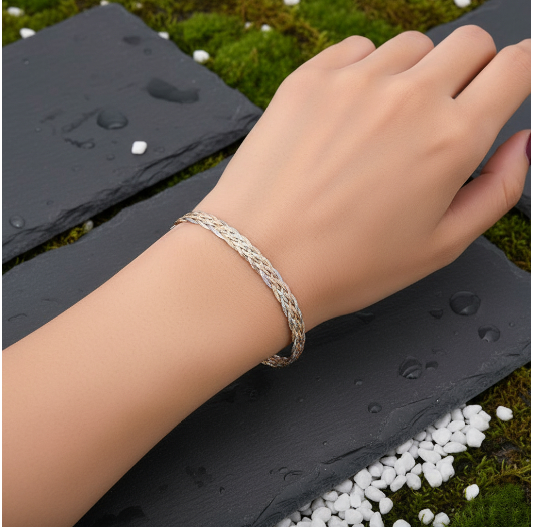 Genuine 18K Yellow Gold Multi-Strand Tri-Color Braided Snake Chain Bracelet