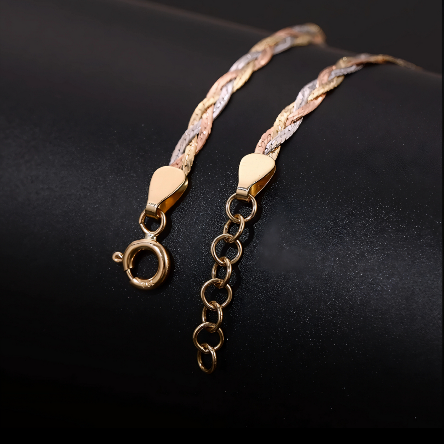 Genuine 18K Yellow Gold Multi-Strand Tri-Color Braided Snake Chain Bracelet