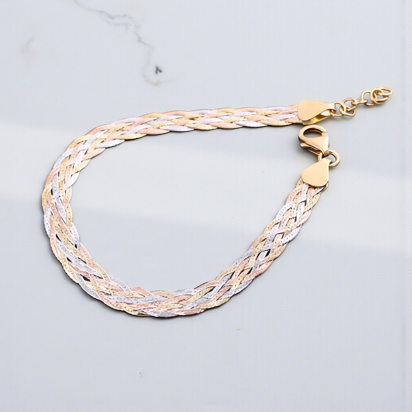 Genuine 18K Yellow Gold Multi-Strand Tri-Color Braided Snake Chain Bracelet