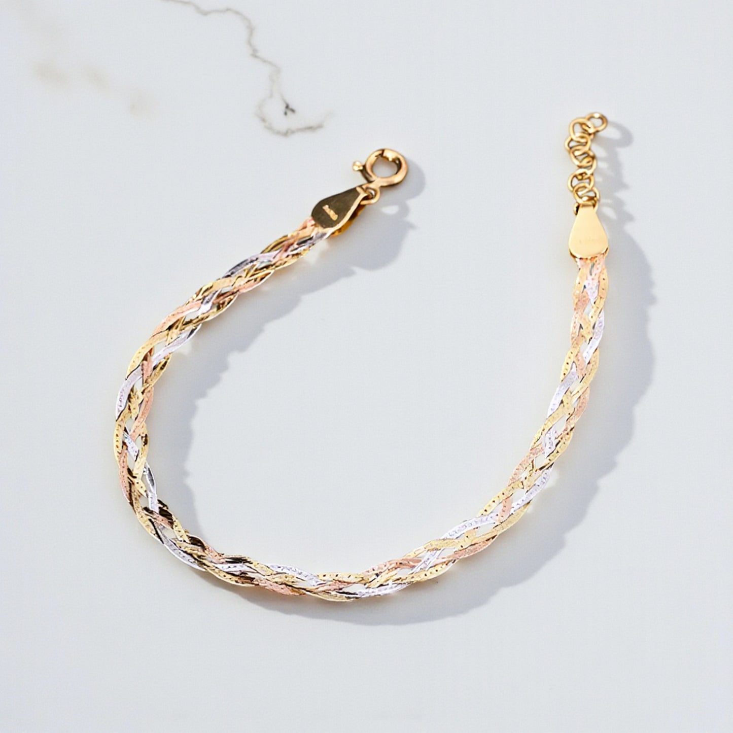 Genuine 18K Yellow Gold Multi-Strand Tri-Color Braided Snake Chain Bracelet