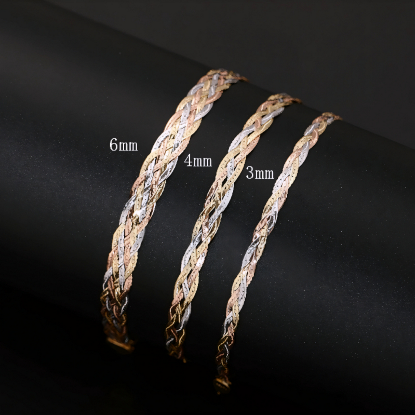 Genuine 18K Yellow Gold Multi-Strand Tri-Color Braided Snake Chain Bracelet