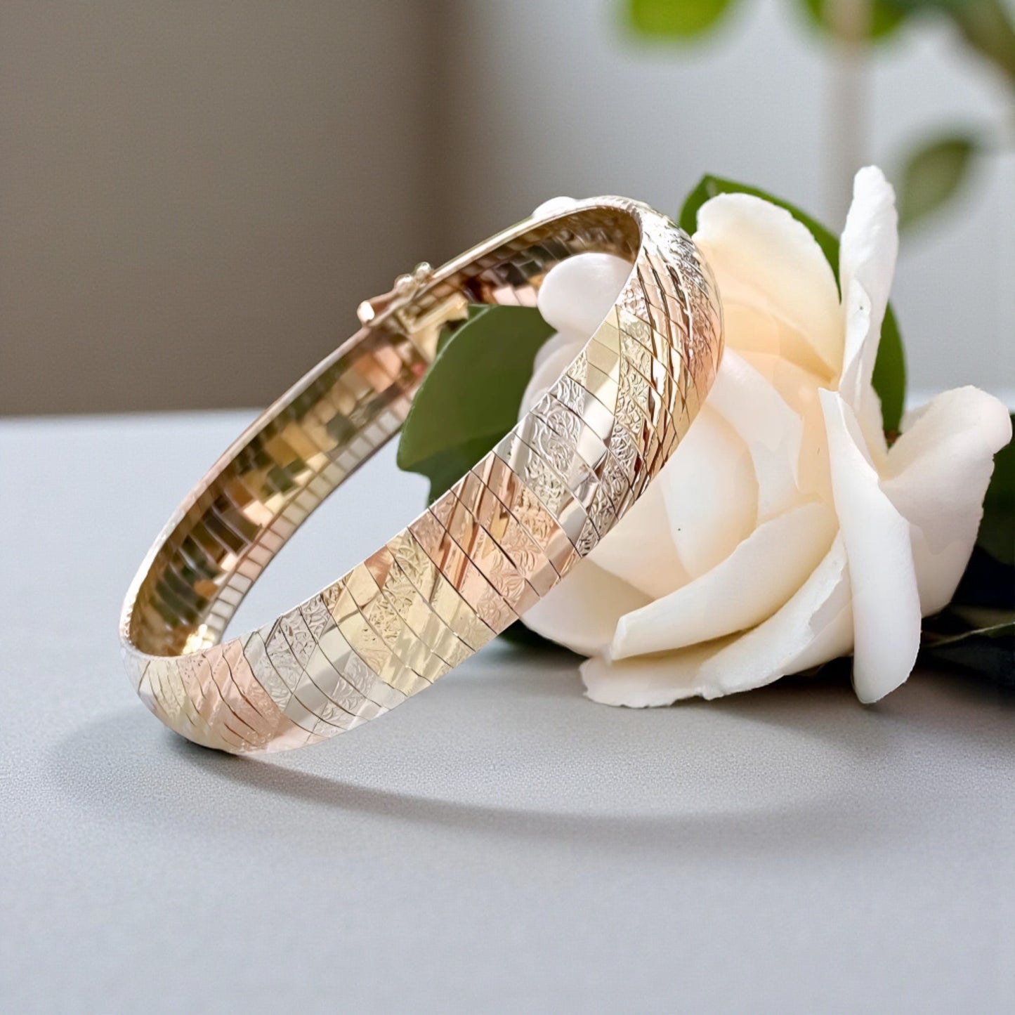 Genuine 18K Tri-Color Luxury Soft Bangle Cuff Bracelet