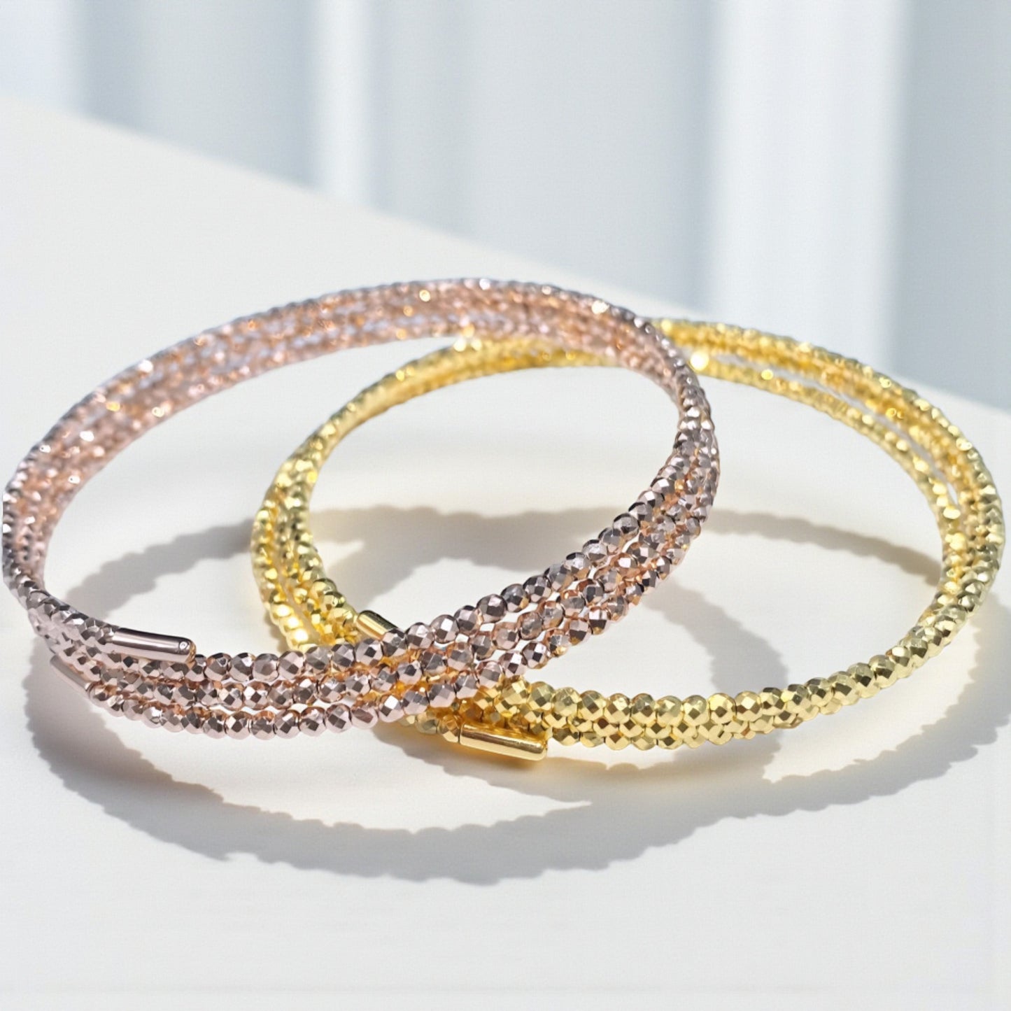 18K Yellow Gold Rose Gold Elastic Disco Beads Strand Soft Bracelet