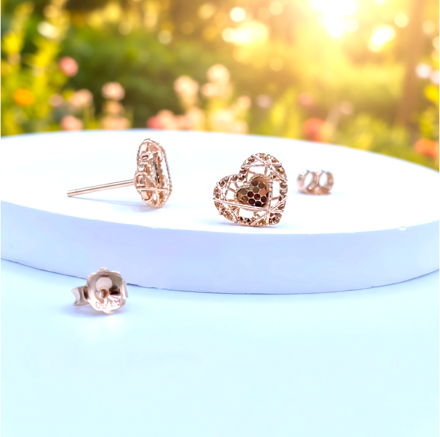 Genuine 18K Rose Gold Heart crafted Open-Lace Reflective Stud Earrings