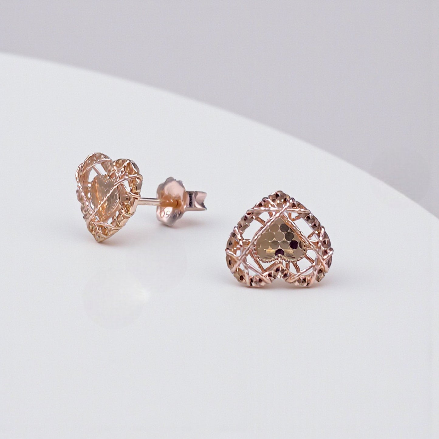 Genuine 18K Rose Gold Heart crafted Open-Lace Reflective Stud Earrings