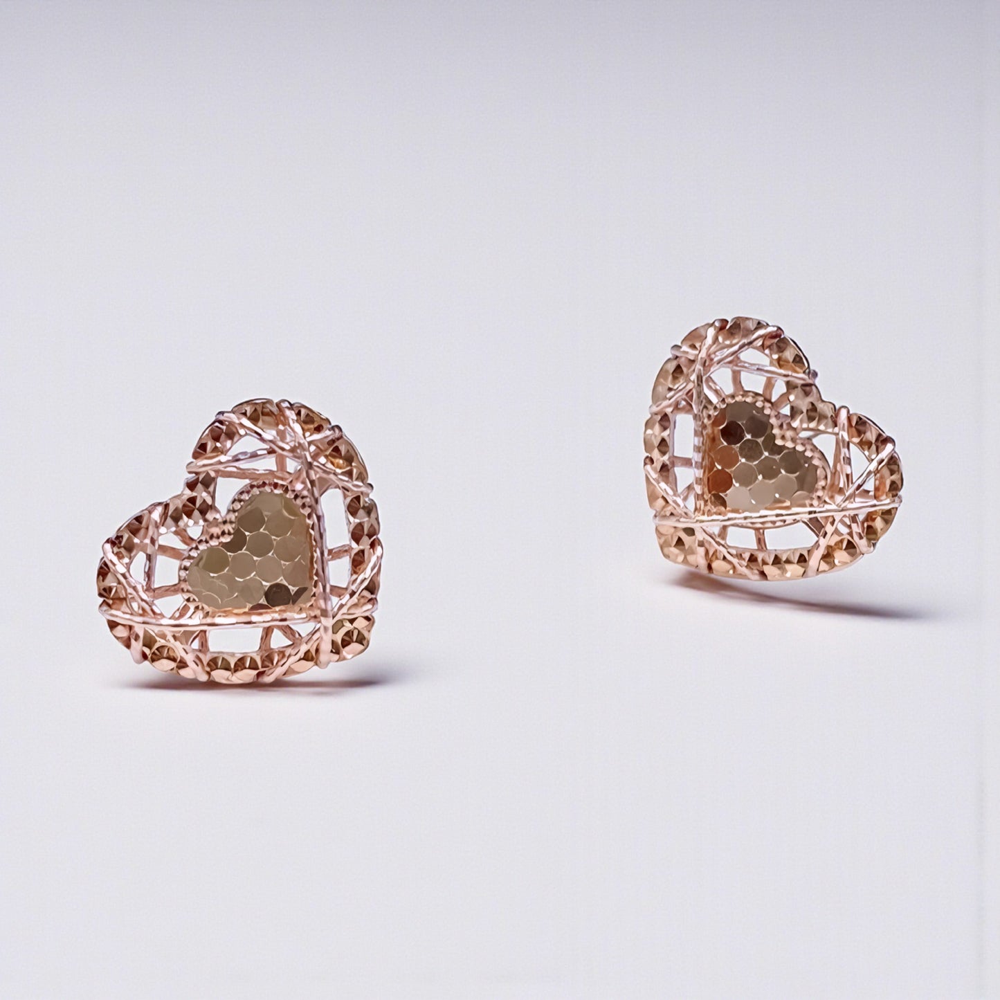 Genuine 18K Rose Gold Heart crafted Open-Lace Reflective Stud Earrings