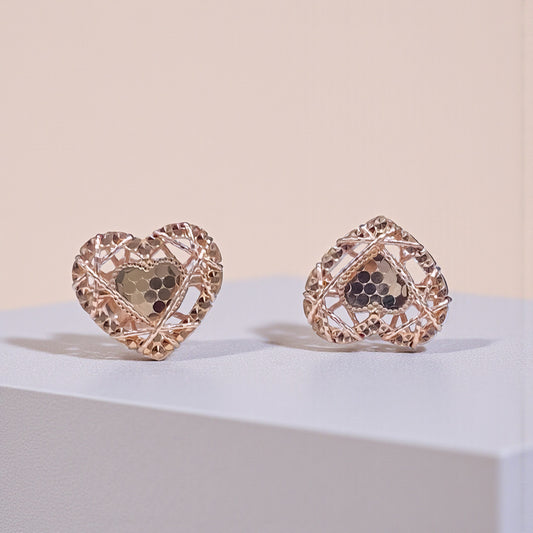 Genuine 18K Rose Gold Heart crafted Open-Lace Reflective Stud Earrings