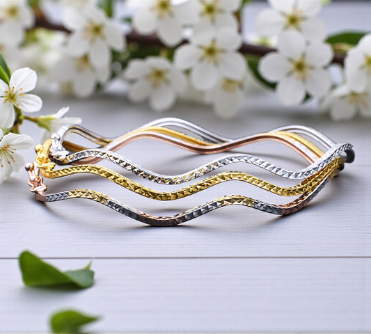 18K Yellow Gold Rose Gold Tri-Color Gold Elegant Bangle Wave Pattern Bracelet